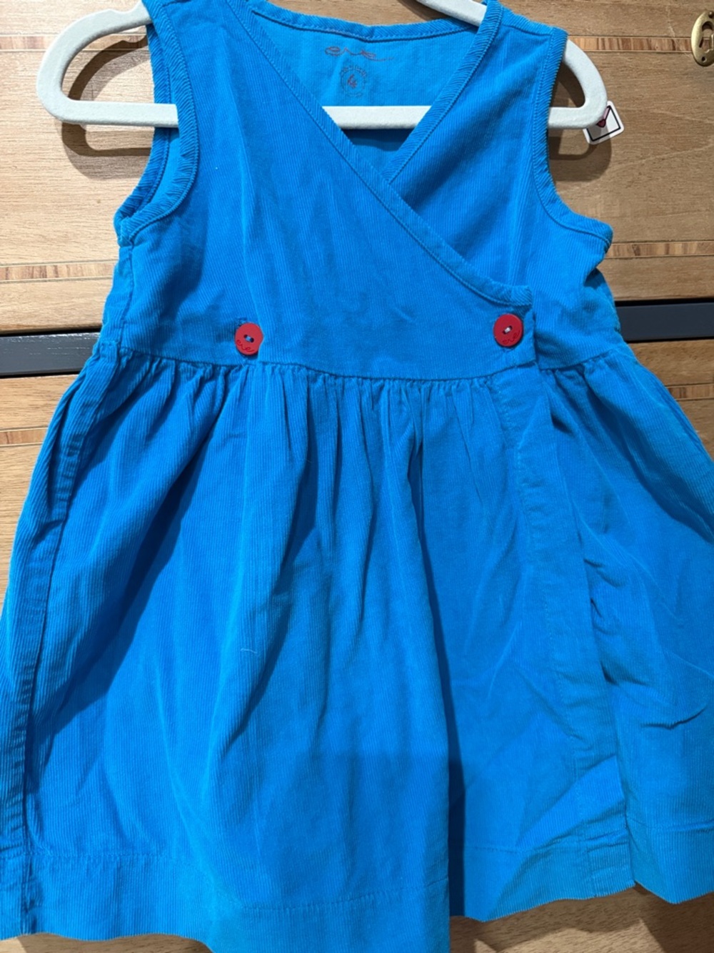 Eve Turquoise-Blue Corduroy Wrap Dress with Red Buttons